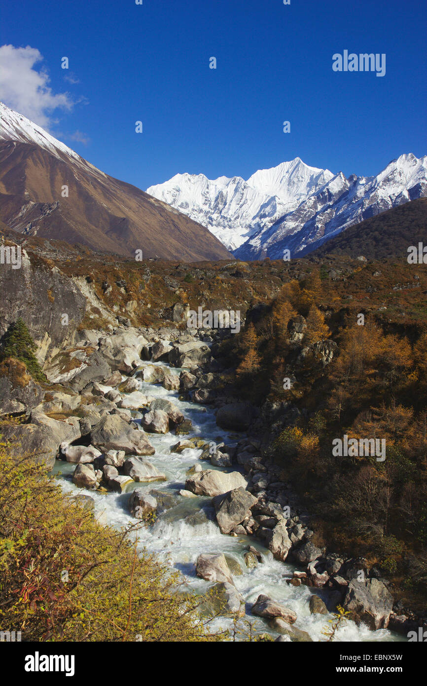 Río Langtang Khola con Gangchempo, Nepal Langtang Himal Foto de stock