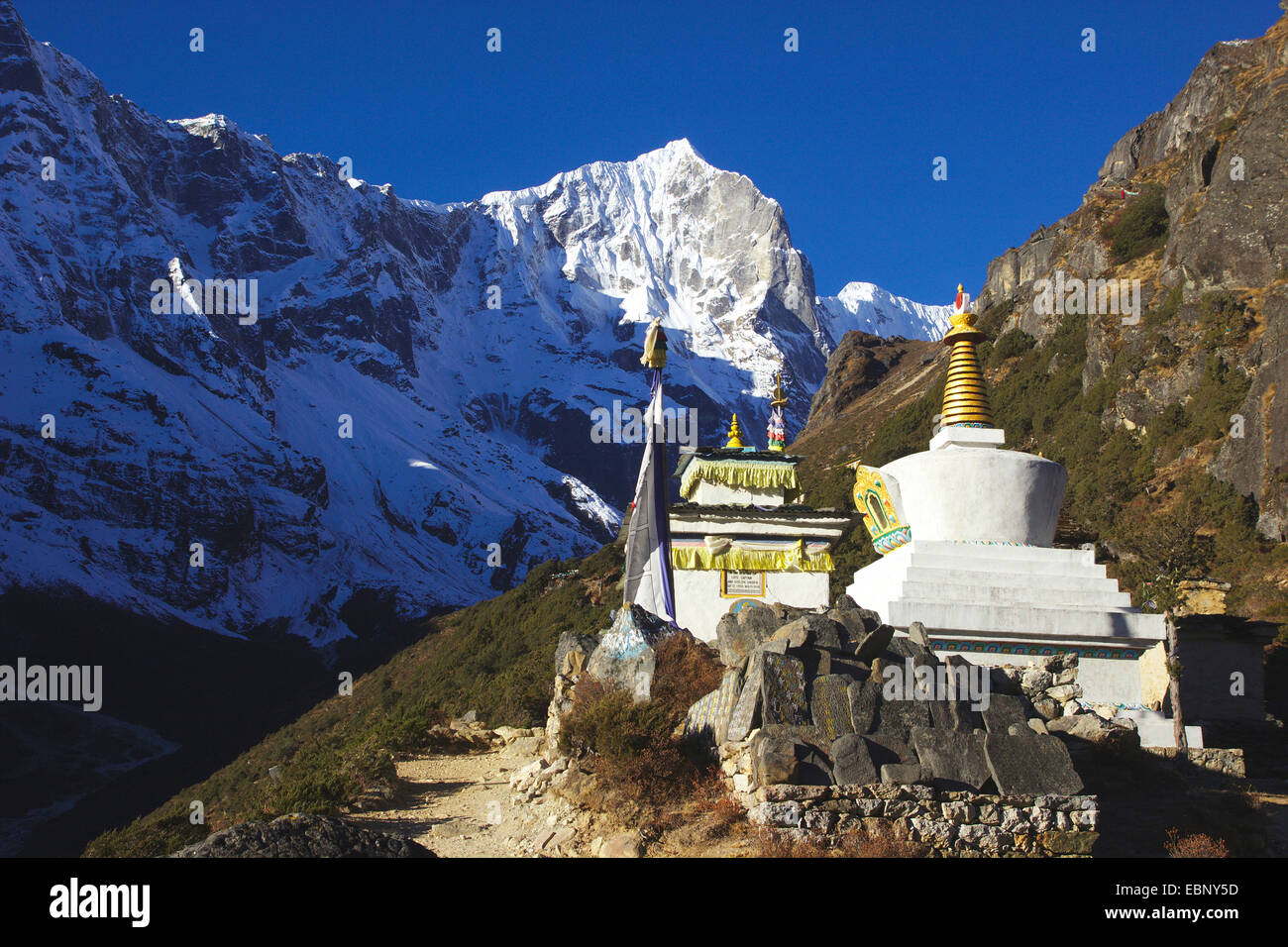Stupa con Tengkangboche, Thame, Nepal, Khumbu Himal Foto de stock