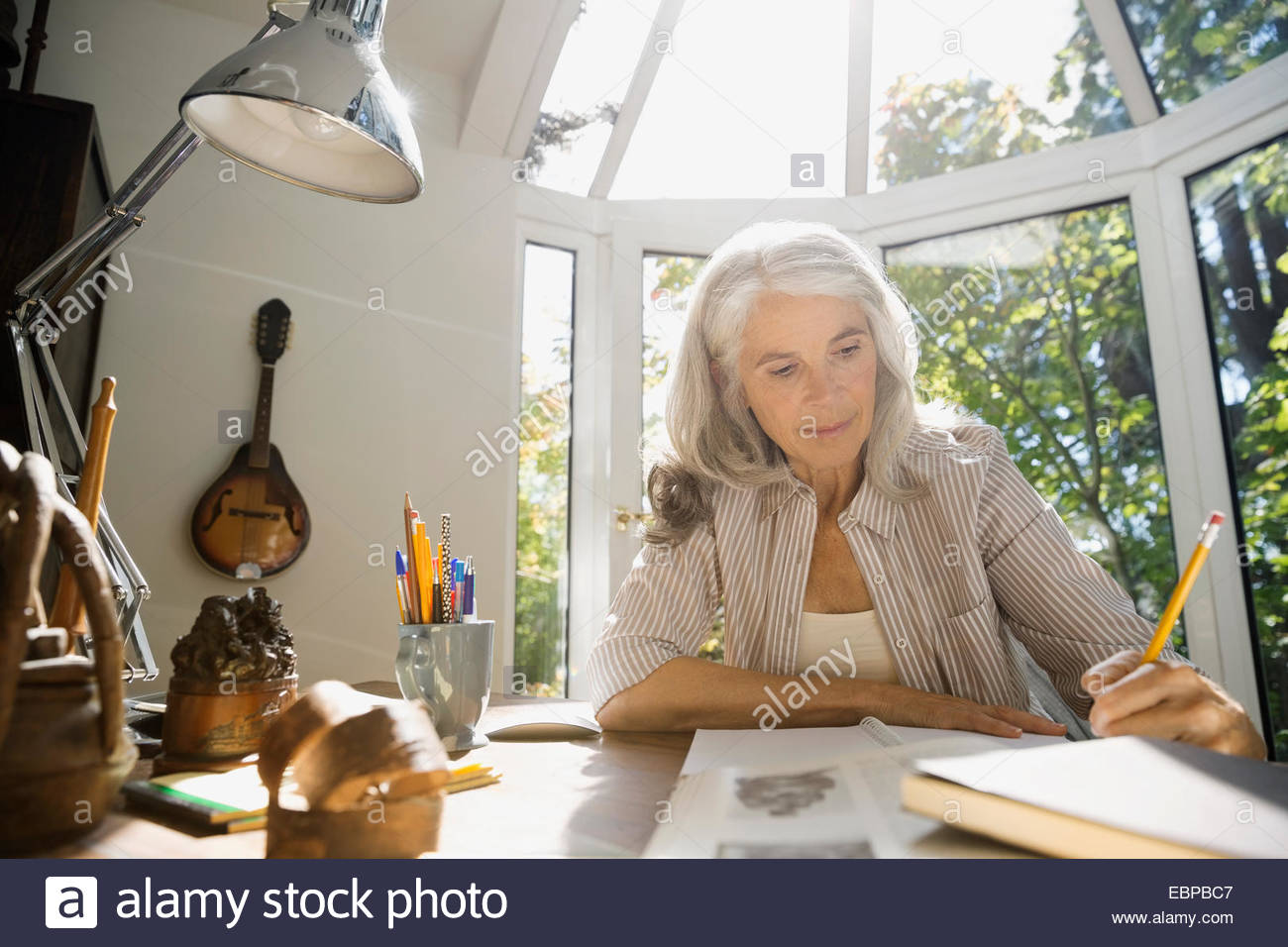 Mujer mayor escrito en la oficina en casa Foto de stock