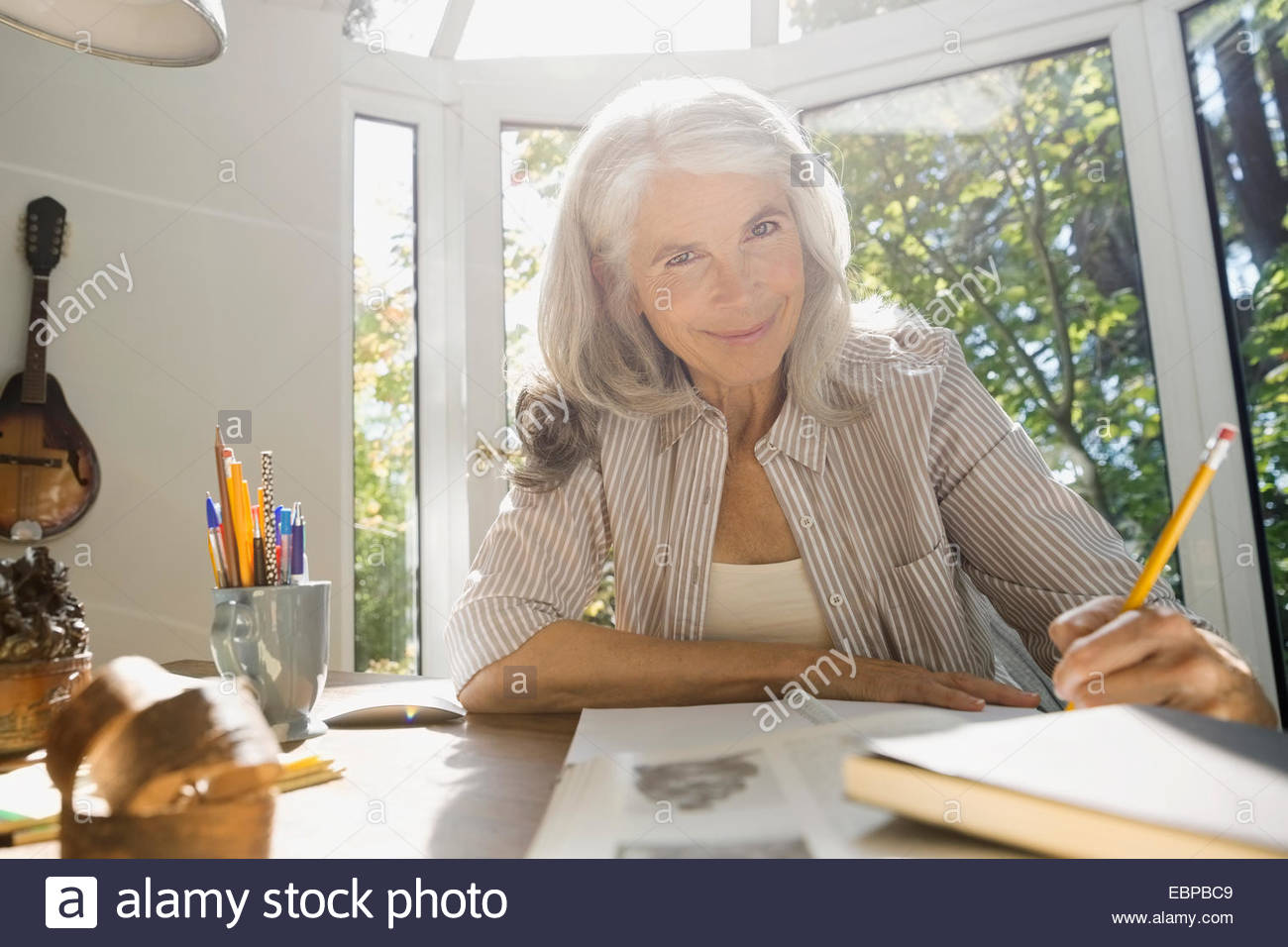 Retrato de mujer mayor escrito en la oficina en casa Foto de stock