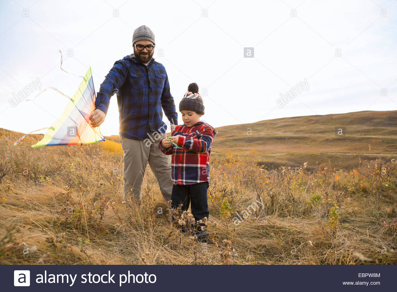 Padre e hijo con kite caminar en el campo Foto de stock