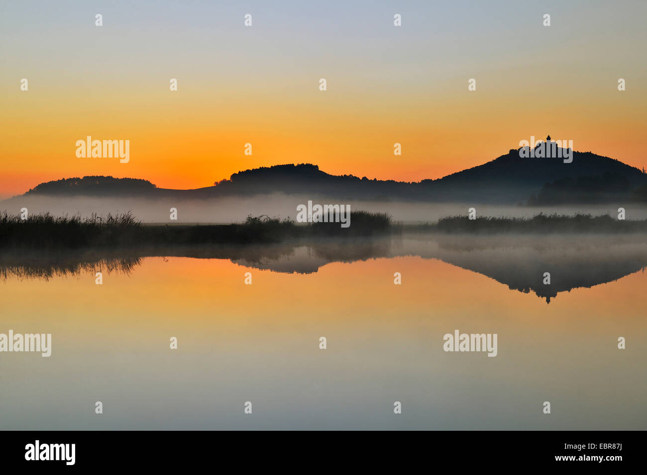 Wachsenburg reflejando en un lago por la mañana, Alemania, Turingia, Drei Gleichen Foto de stock