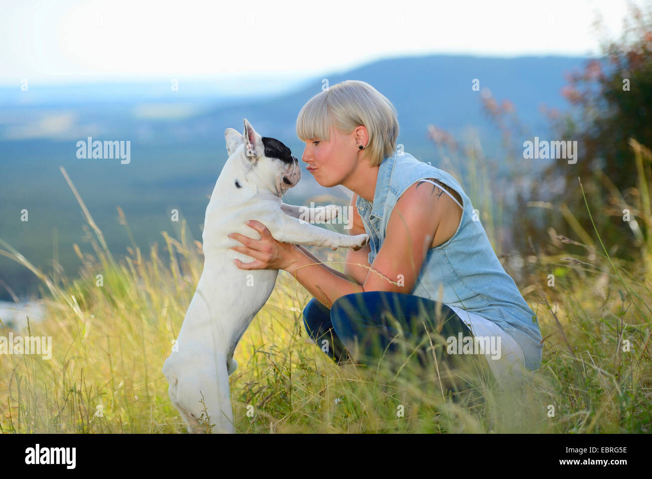 Bulldog Francés (Canis lupus familiaris) f., buscando en cada otra mujer y perro abrazando en una pradera, Alemania Foto de stock