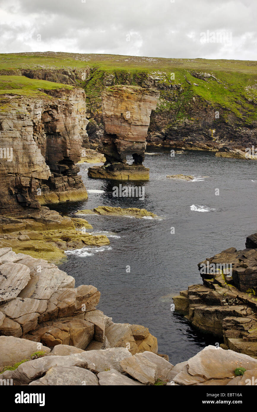 Costa rocosa y mar Yesnaby pila, Reino Unido, Escocia, las Islas Orcadas, Orkney Continente Foto de stock