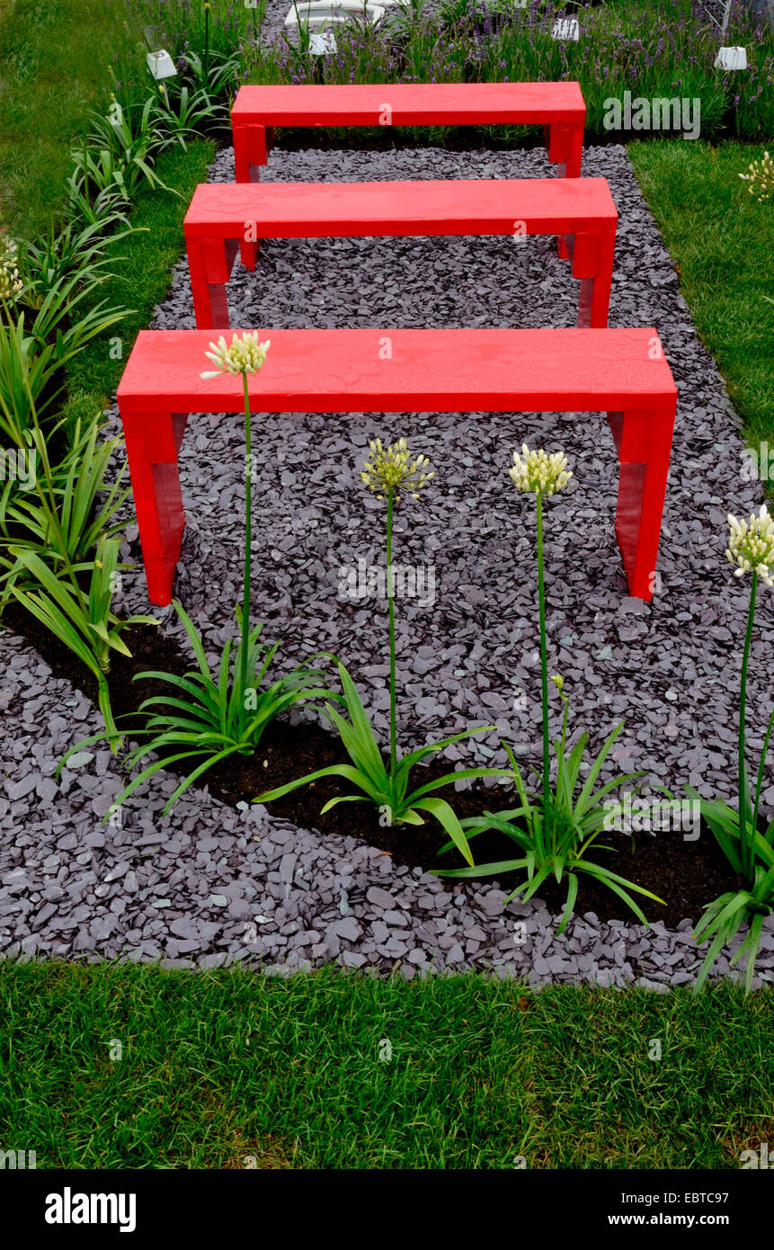 Un jardín diseño basado en cifras y significados ocultos con imagen  mostrando bancos de color rojo brillante con Agapanthus Fotografía de stock  - Alamy
