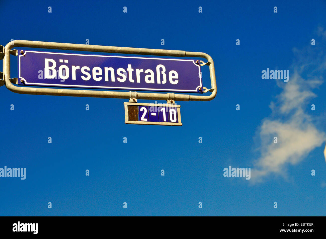 Placa de nombre Boersenstrasse 2-10, calle de la bolsa, en el distrito financiero de Frankfurt/Main, Alemania, Hesse, Frankfurt/Main Foto de stock