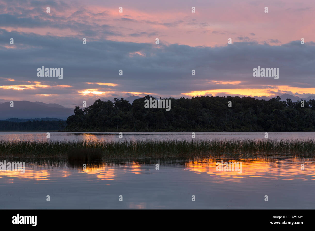 Amanecer en el lago, Ruatapu Mahinapua, región de la Costa Oeste, Nueva Zelanda Foto de stock