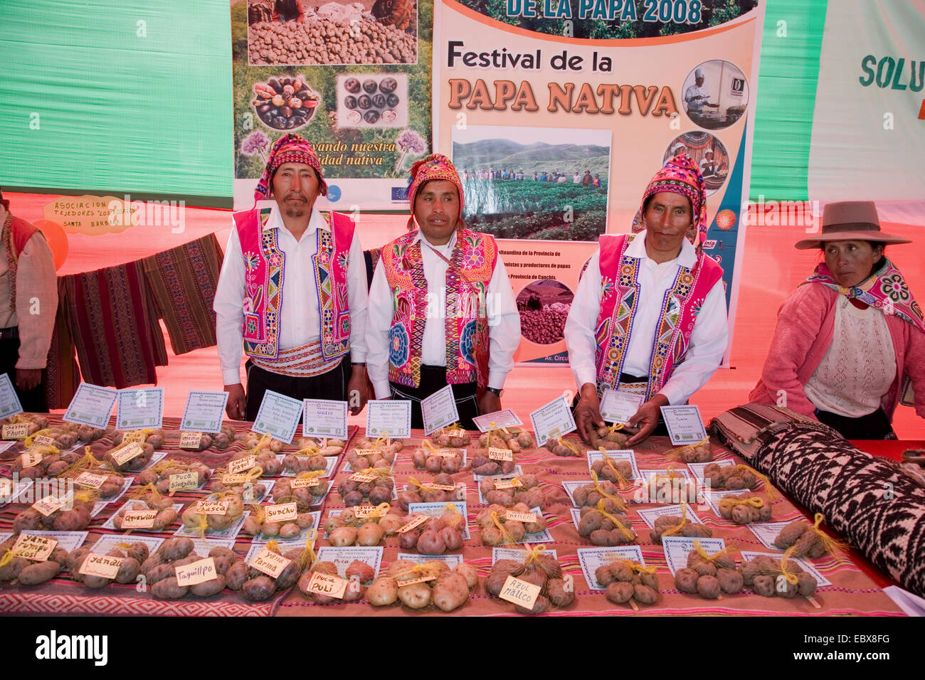 Ceremonialmente vestidos fruterías vender papas nativas en un festival tradicional, Peru, Cuzco Foto de stock