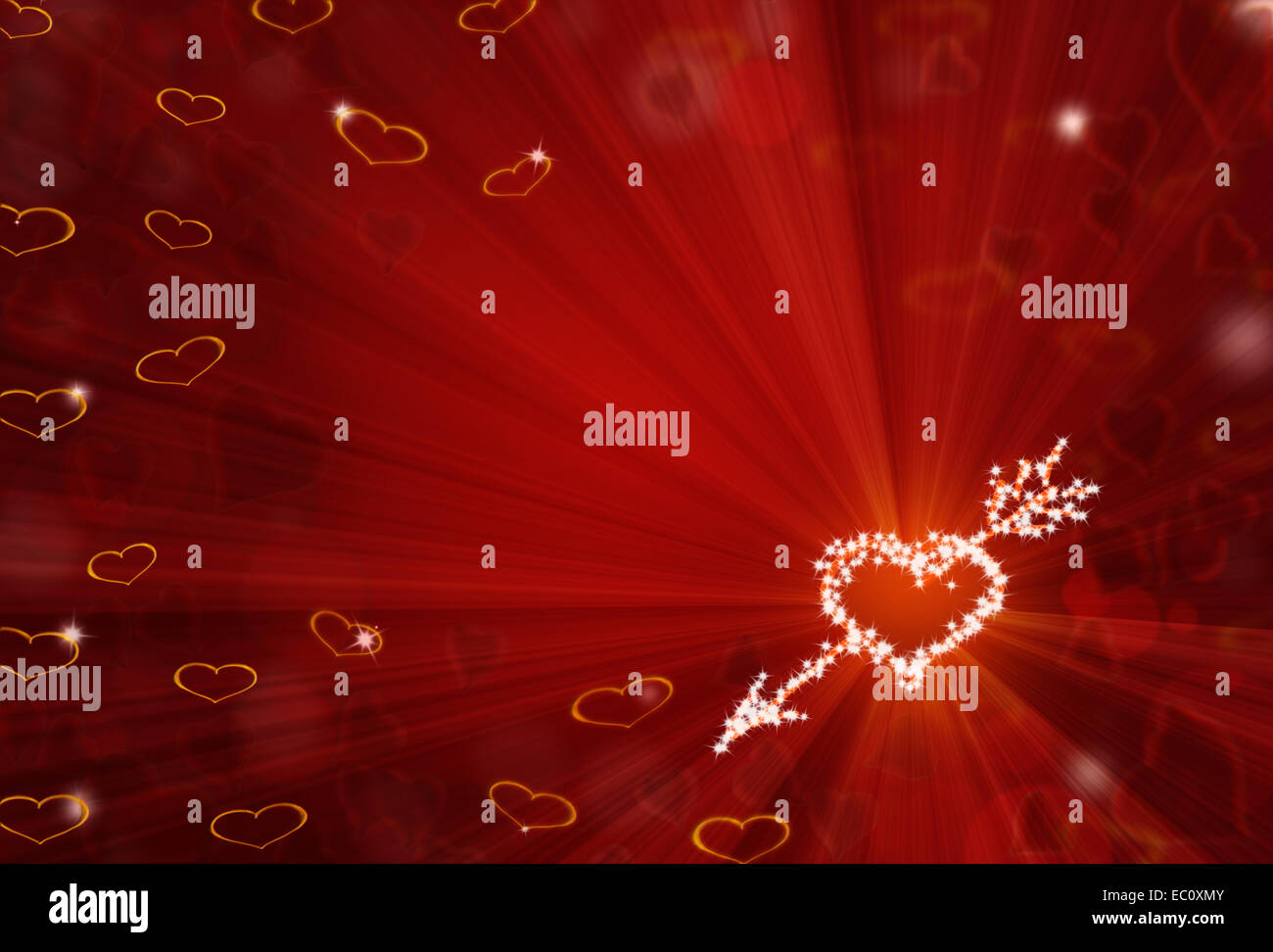 San Valentín fondo rojo en forma de corazón con brillantes estrellas y bokeh Foto de stock