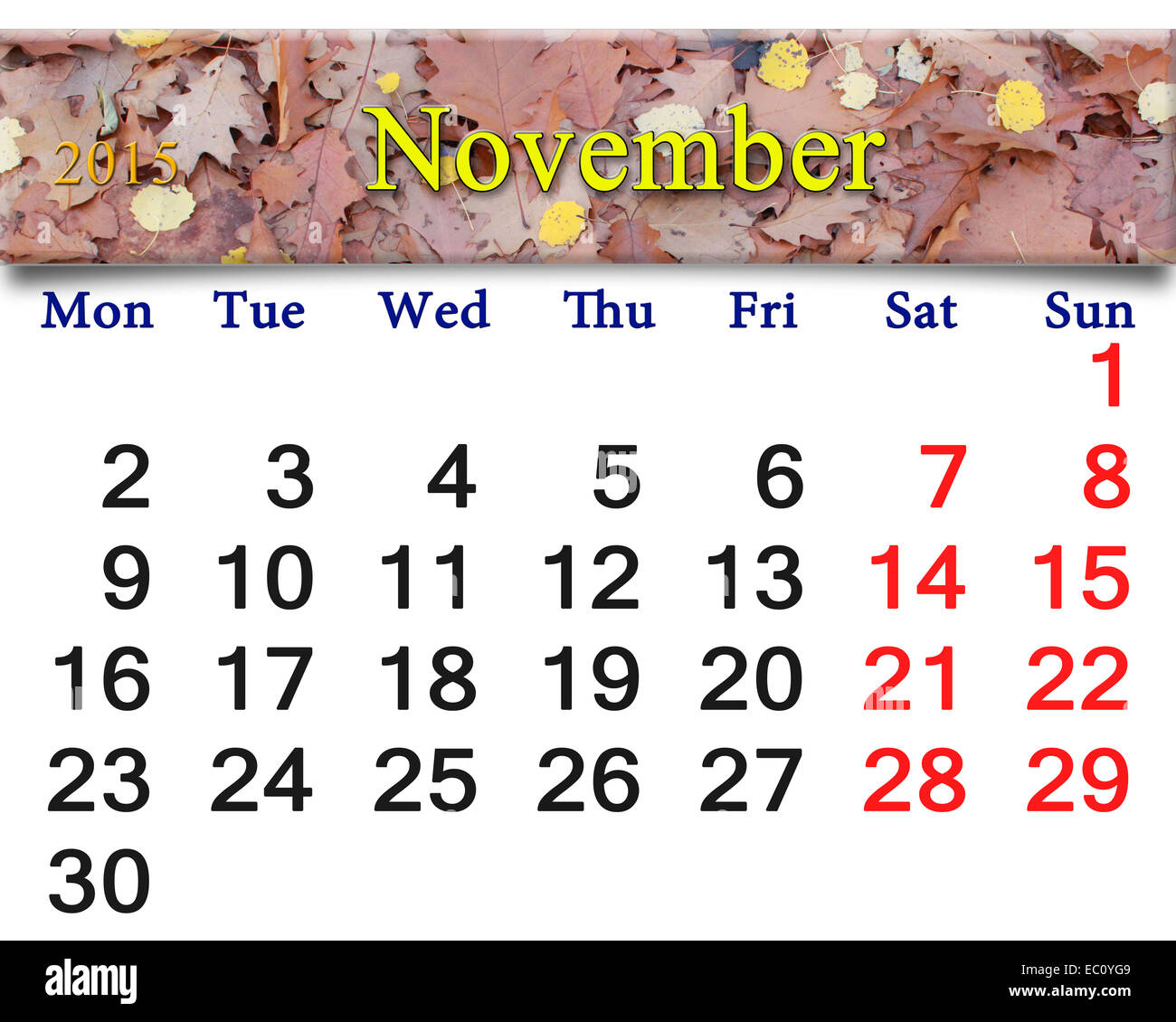 Calendario de noviembre de 2015 con la cinta de hojas rojas y amarillas Foto de stock