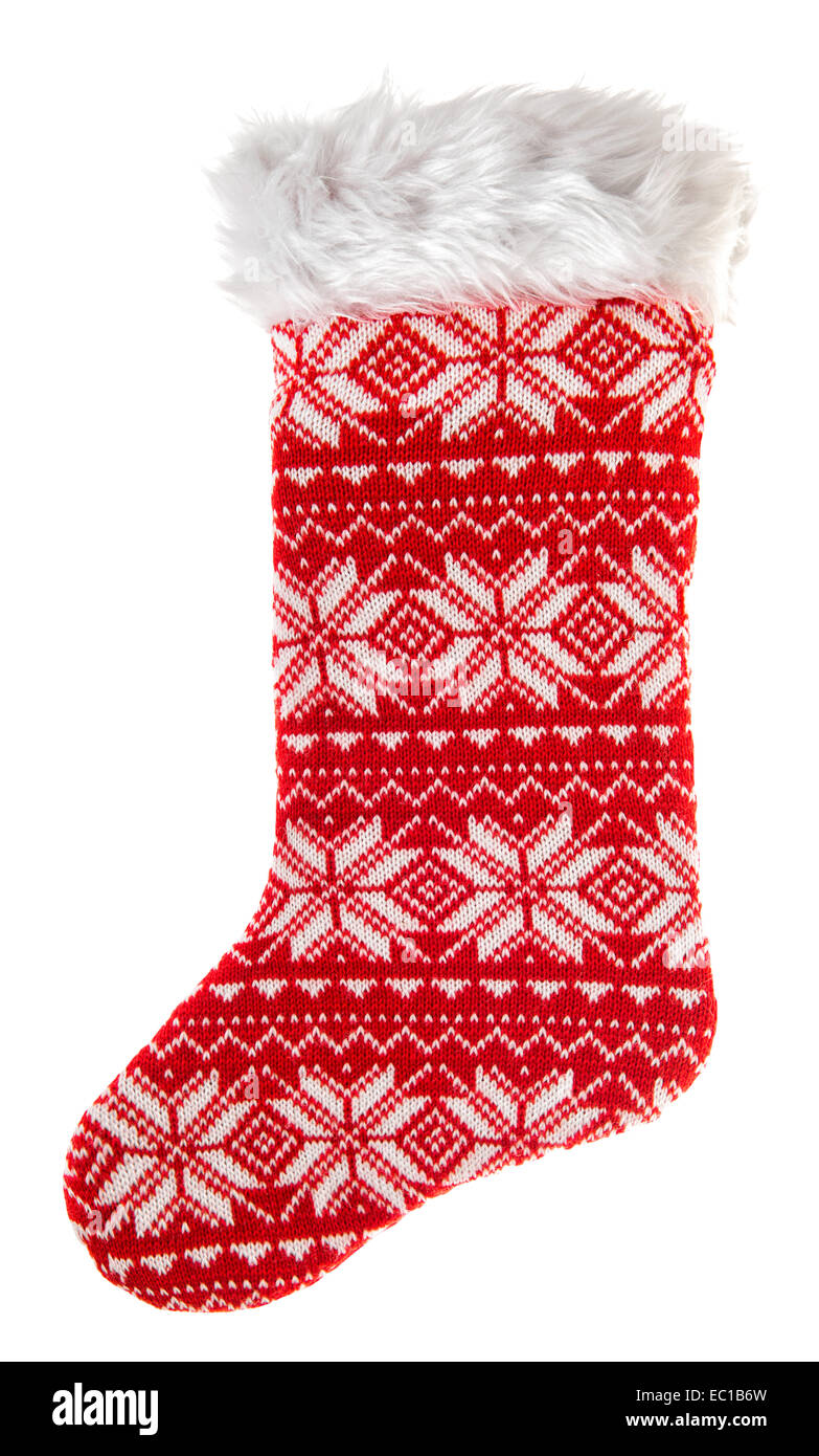 Calcetines de navidad. tejido sock para regalos aislado sobre fondo blanco, símbolo de las vacaciones de invierno. Foto de stock