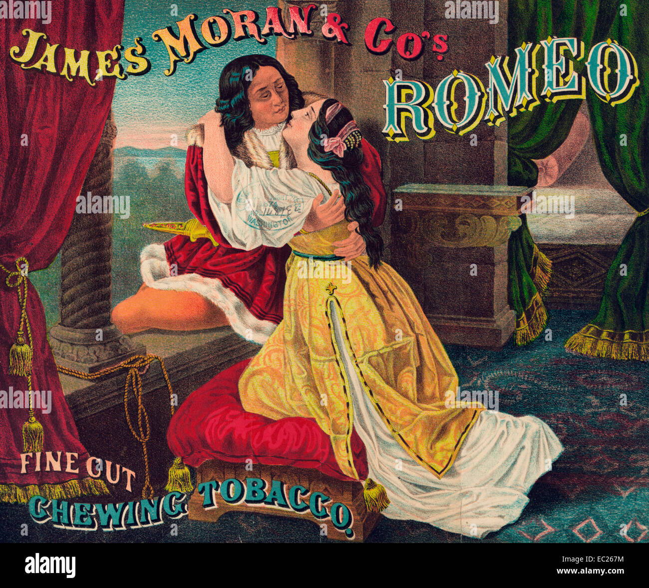 James Moran & Co. de Romeo, corte fino, mascar tabaco - Resumen: muestra la etiqueta del paquete de tabaco Romeo y Julieta abarcando, por una ventana abierta, como son que se despidan, 1874 Foto de stock