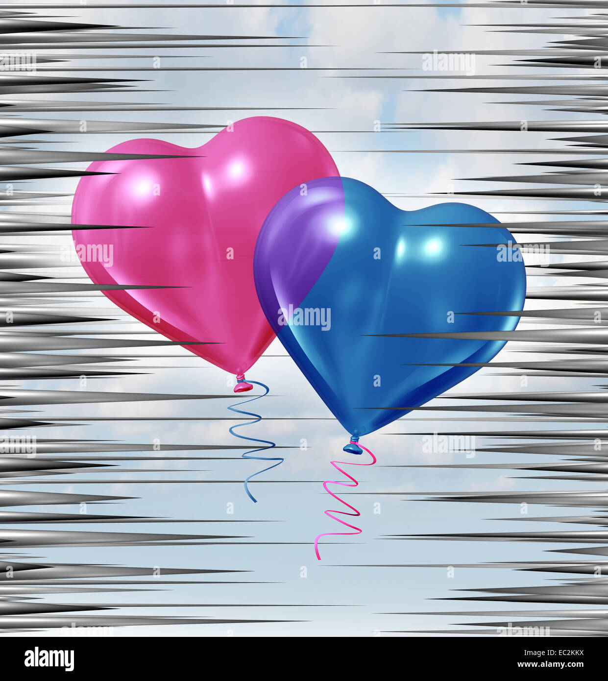 Relación crisis y problemas de pareja como un globo azul y rosa con forma de corazón flotando a través de un grupo de agujas afiladas como el amor y el romance, metáfora de la vida la asociación problemas. Foto de stock