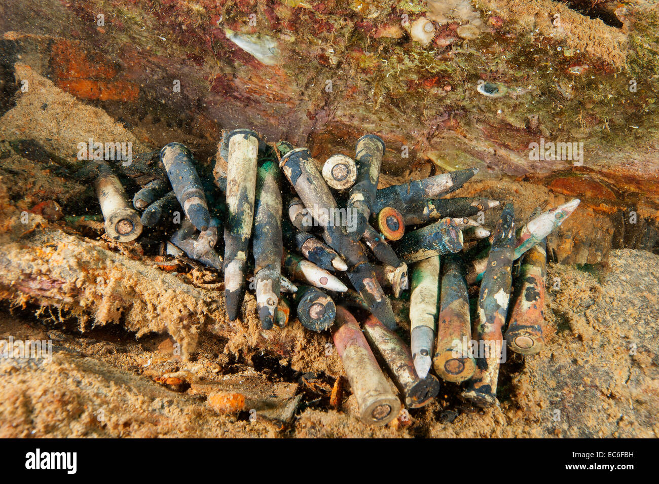 Viñetas dentro de las bodegas del pecio Umbría hundido en Wingate de coral en el Mar Rojo, frente a la costa de Sudán Foto de stock