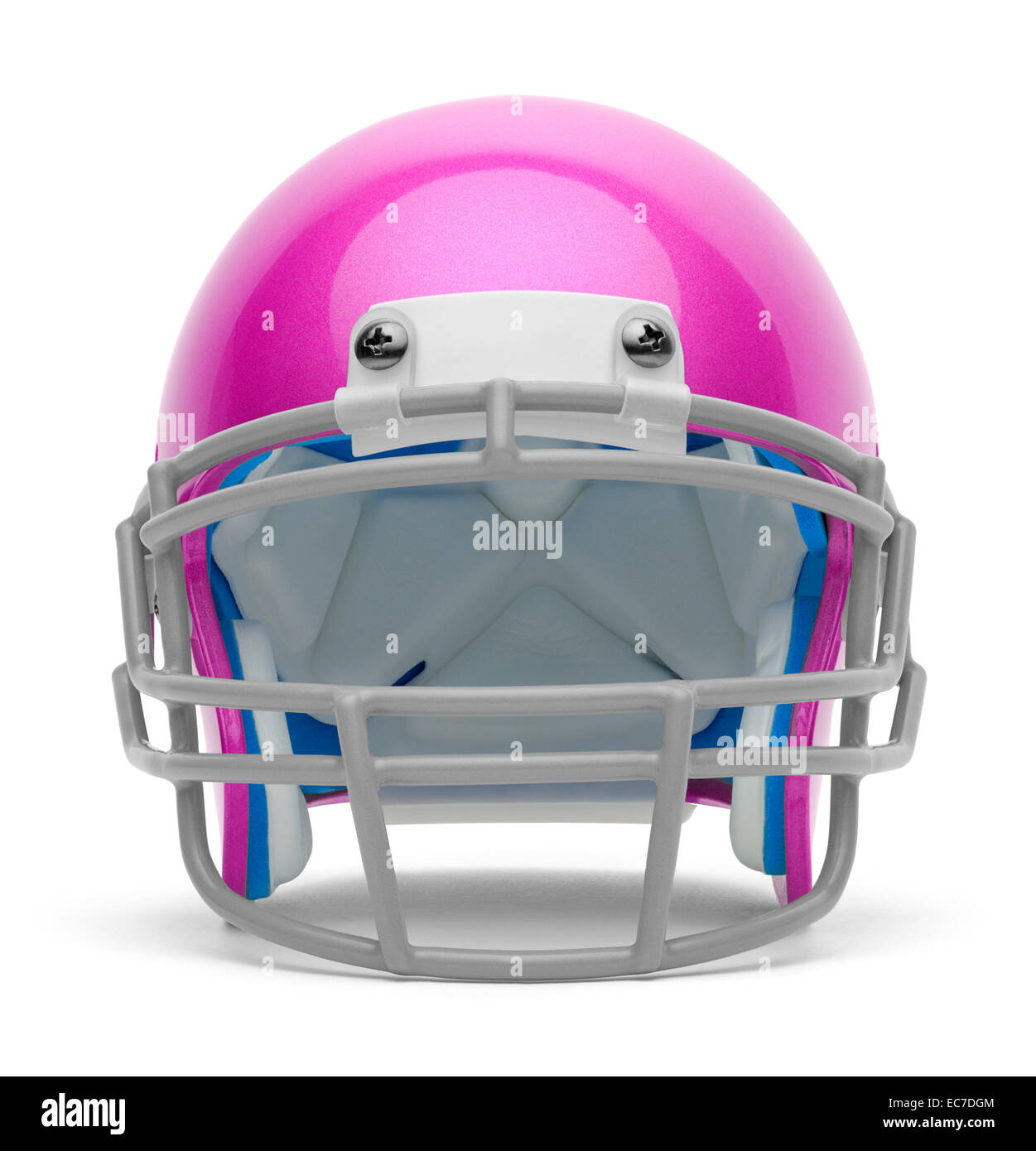 Vista frontal del casco de fútbol rosa con copia espacio aislado sobre fondo blanco. Foto de stock