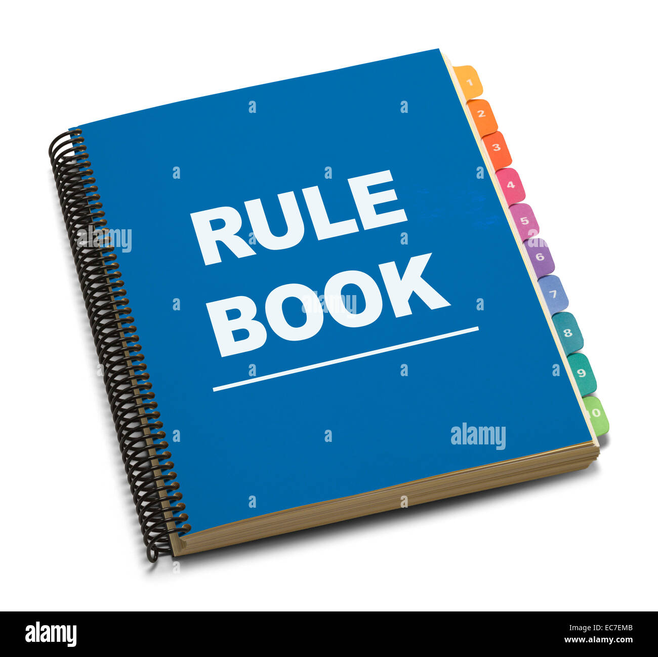Gran Espiral Azul Libro de Reglas con fichas aislado sobre fondo blanco. Foto de stock