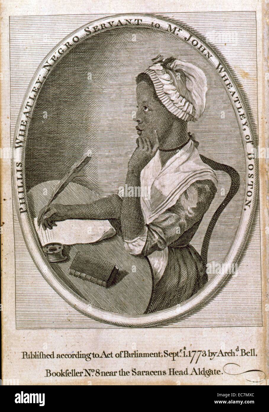 Phyllis Wheatley, Negro siervo al Sr. John Wheatley, de Boston. Retrato en un escritorio con lápiz y papel. Foto de stock
