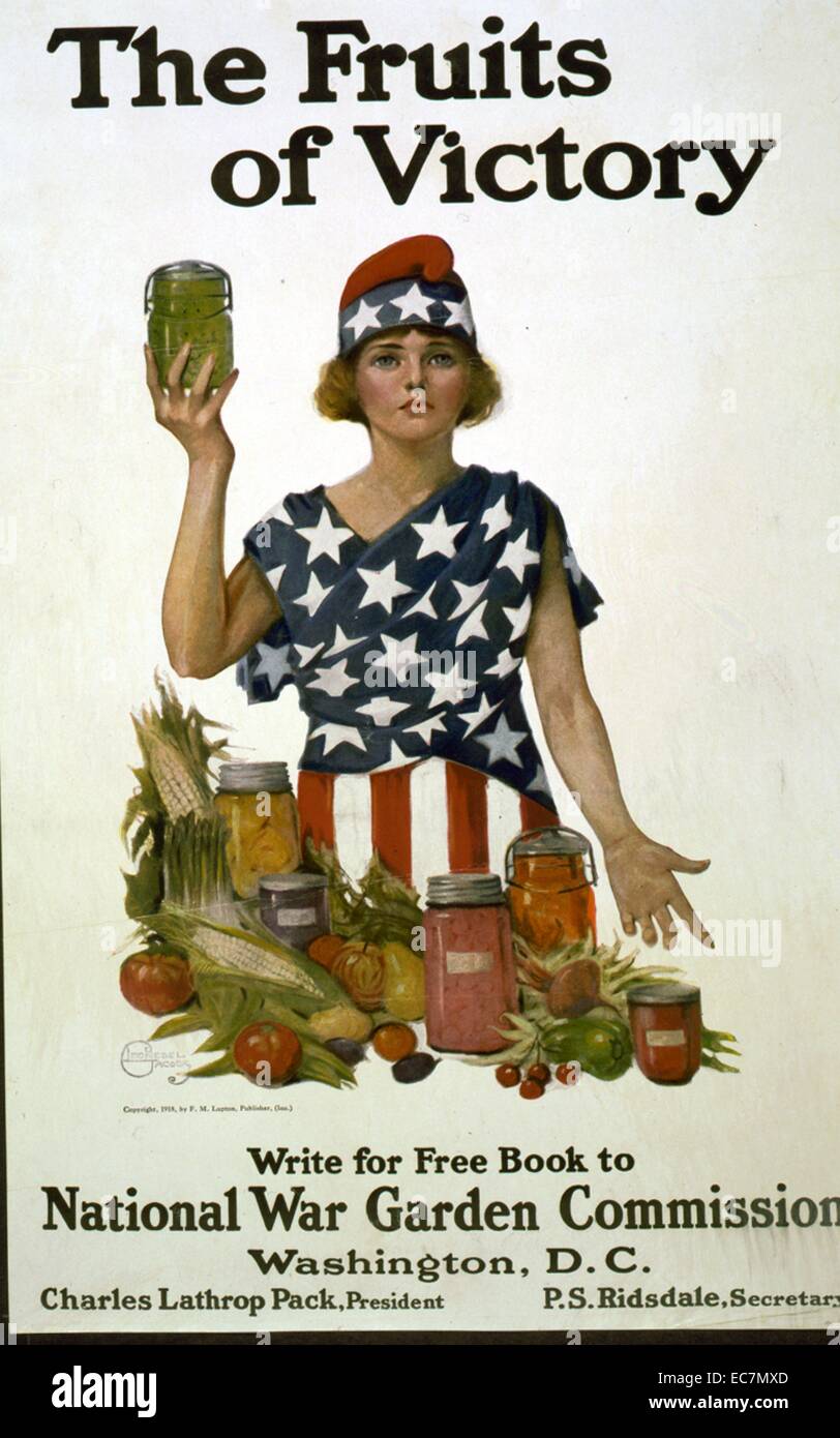 Los frutos de la victoria. Mujer vestida de estrellas y rayas con verduras y los tarros de conservas de alimentos. Foto de stock