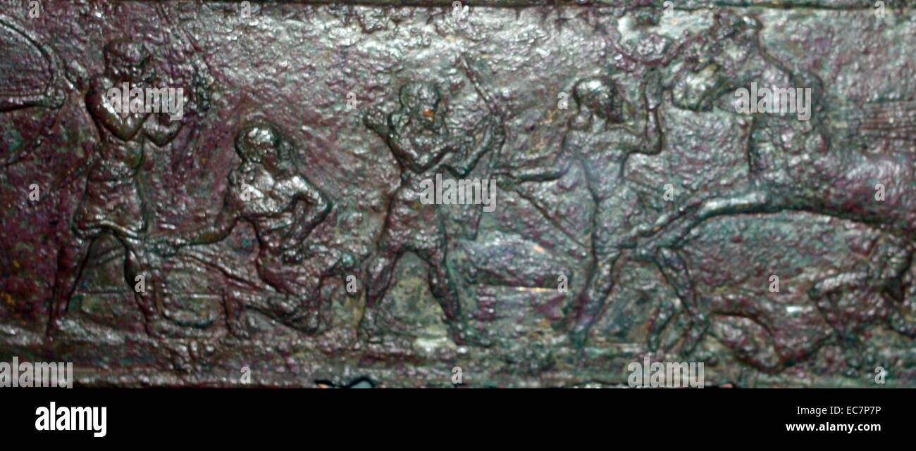 Puerta de bronce ornamentos mostrando los logros de Ashurnasirpal II (883-859 a.C.), asiria alrededor de 875-865 A.C. Desde Balawat, cerca de Nimrud. Estas manos de bronce en relieve, se atribuye a las hojas de una puerta, en un pequeño palacio. Se muestran escenas de la guerra, prisionero o homenaje portadores ante el rey. En los últimos dos registros, el rey y sus compañeros cazar leones y ganado salvaje. Foto de stock