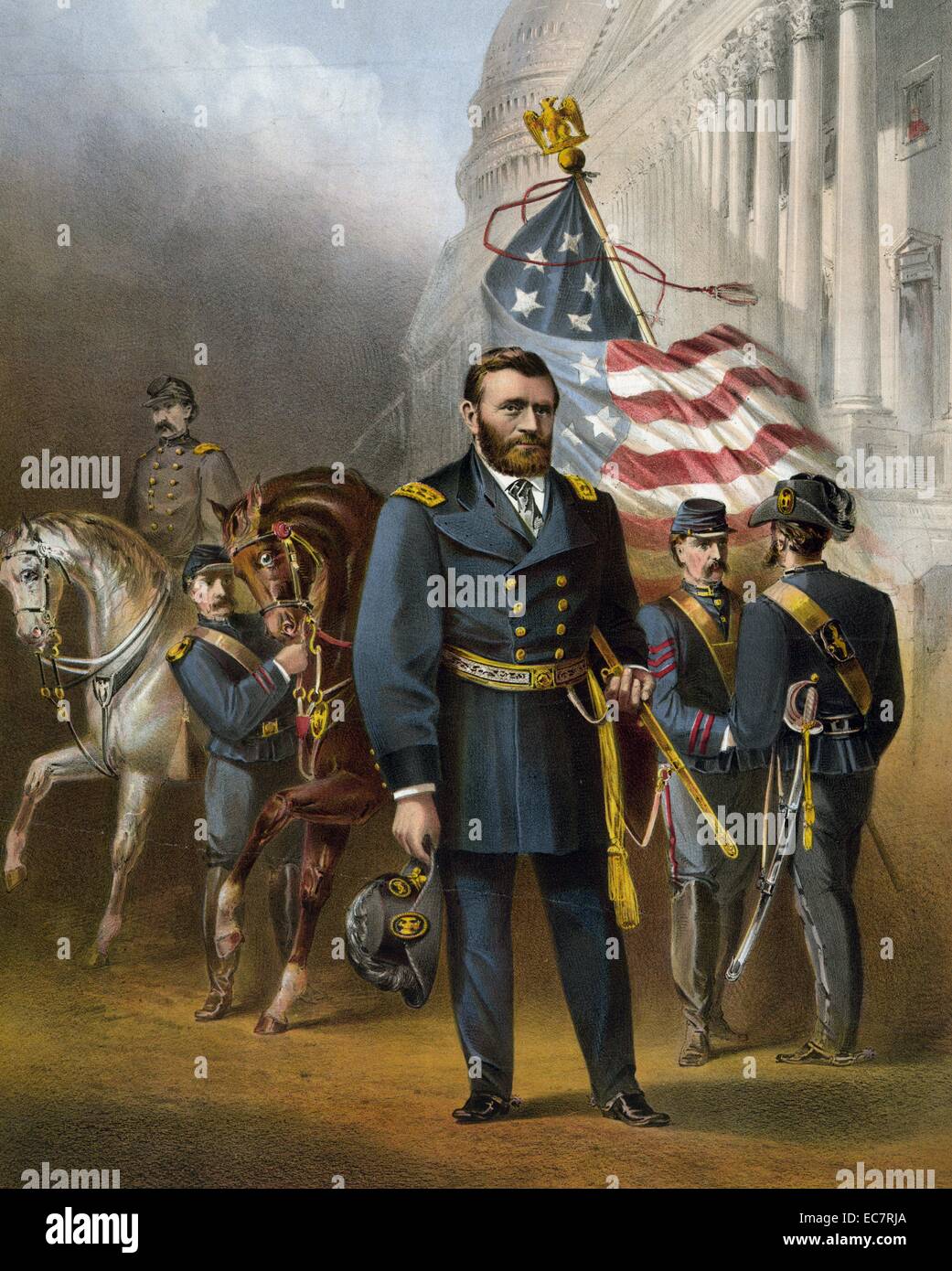 General Ulysses S. Grant. c1868. de pie delante de otros soldados y caballos en el Capitolio de los Estados Unidos. Foto de stock