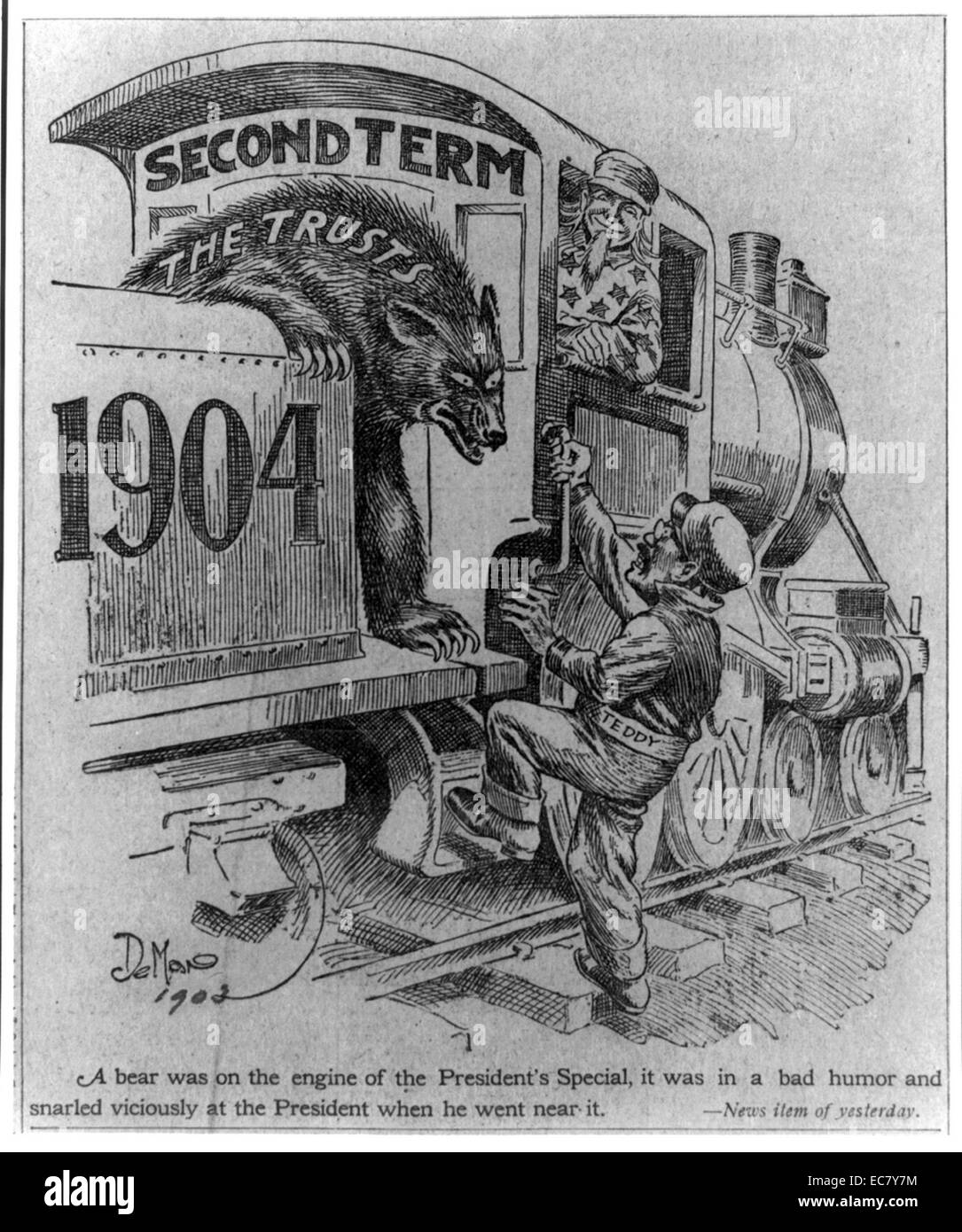 Un oso estaba en el motor del especial del Presidente, que estaba de mal humor y embotellado con saña al Presidente cuando pasó cerca de él." recorte del periódico de cartoon mostrando Theodore Roosevelt, vestido como el bombero del tren, intentando abordar una locomotora etiquetados 'segundo término' como un oso etiquetados 'las confianzas' marañas de él y el Tío Sam, el ingeniero del tren, se asoma de la ventana de la cabina. Foto de stock