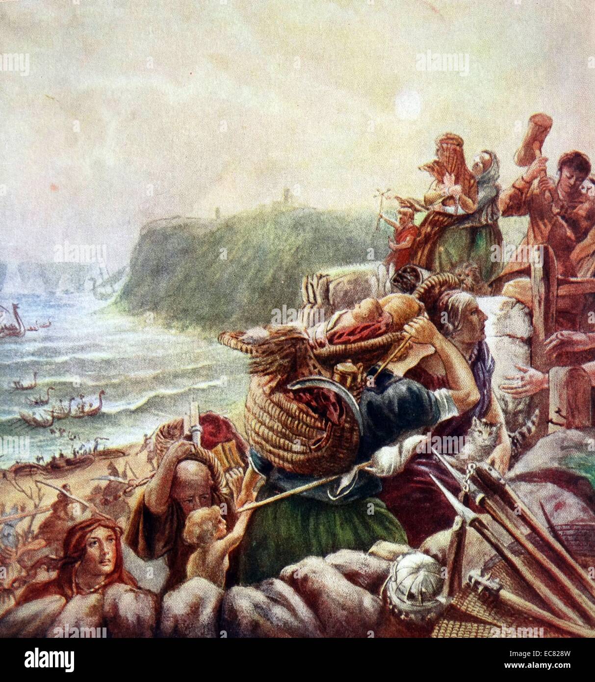 Los daneses aterrizar en Tynemouth en Inglaterra. Los refugiados huyen en inglés para la seguridad de una fortaleza construida apresuradamente. Siglo 10 AD Foto de stock