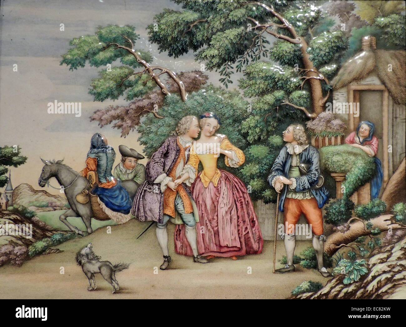 Placa representando escena con ciudadanos europeos para los comerciantes holandeses casa en Canton hicieron circa 1770-1775. Mostrando el comercio holandés con China en el siglo XVIII. Foto de stock