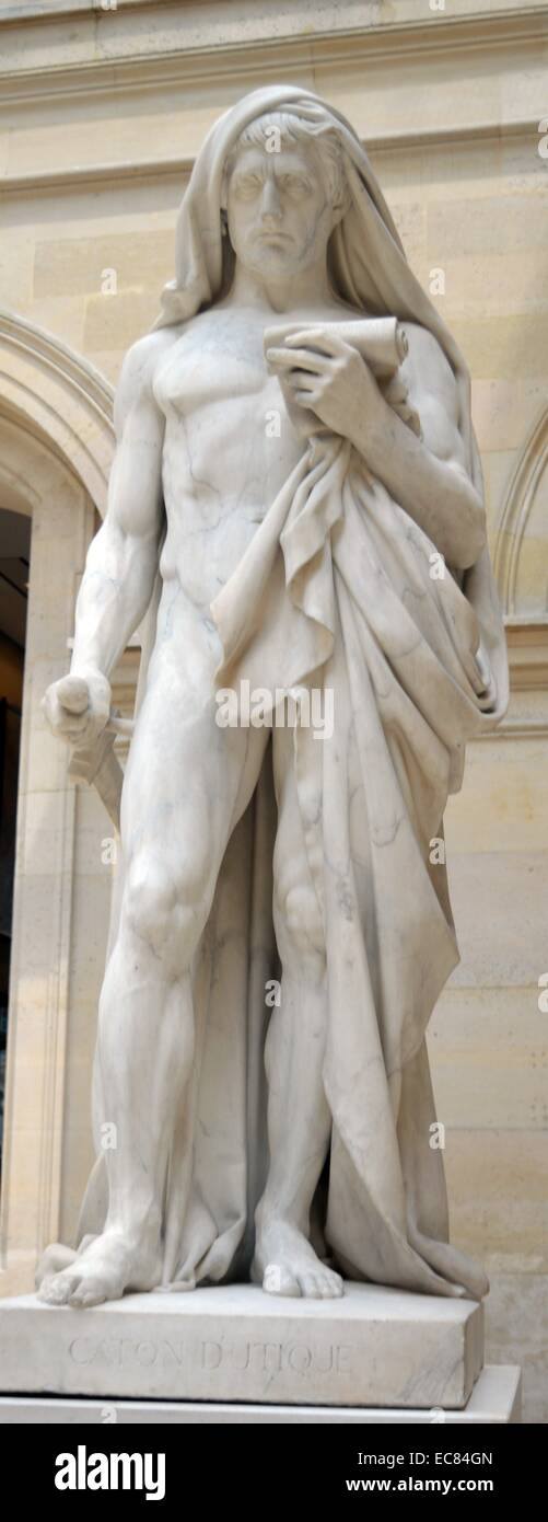 Estatua de mármol de Cato de Utica leyendo el Phaedo antes de suicidarse. Creado y completado por escultores francés Jean-Baptiste Roman (1792-18350 y François Rude (1784-1855). Fecha 1813 Foto de stock