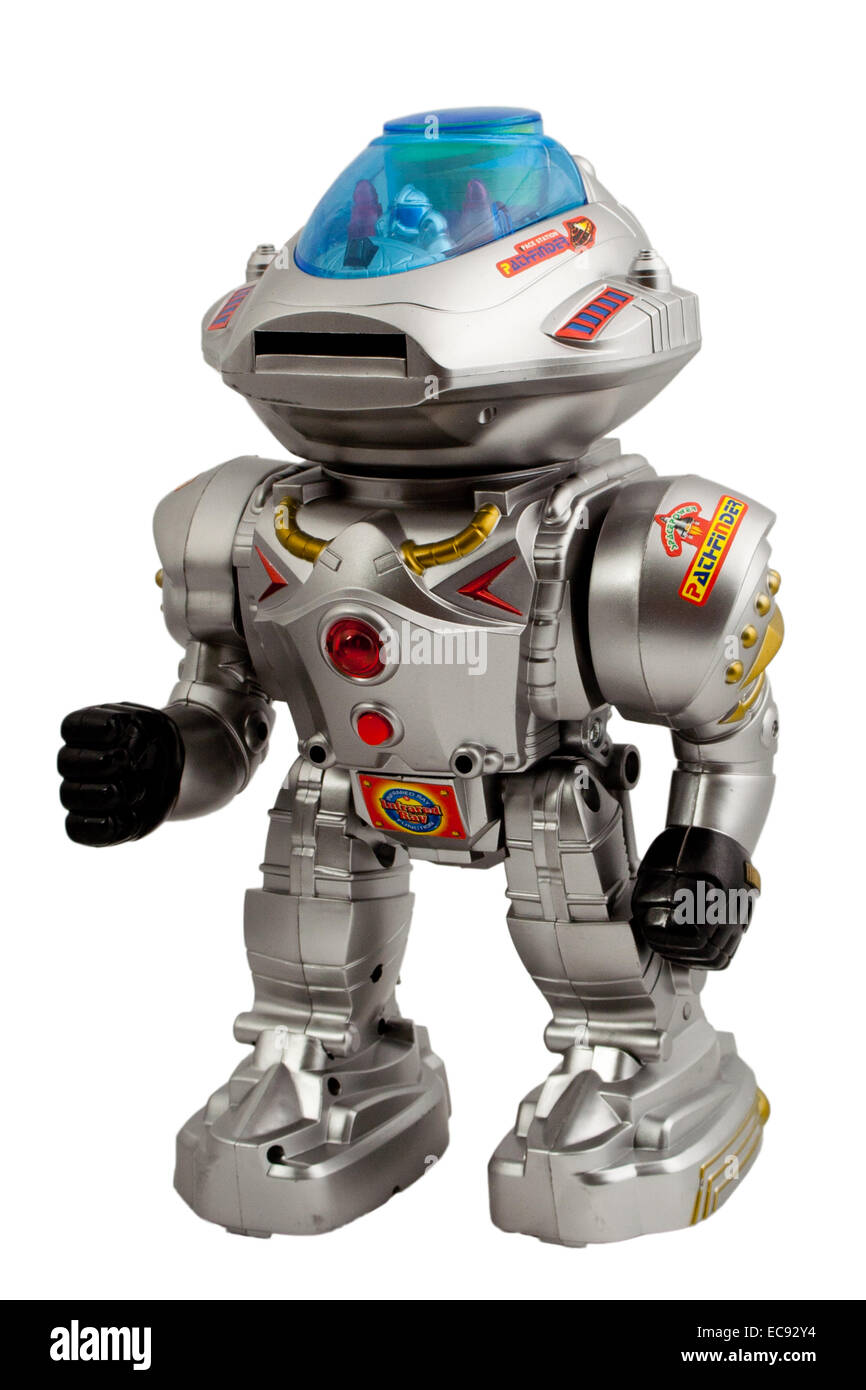 Robot de juguete Juguetes automáticos de plata sobre fondo blanco aislado  Fotografía de stock - Alamy