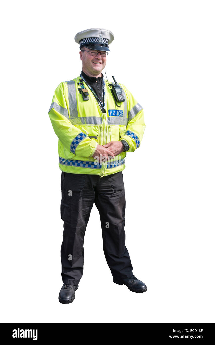 Un recorte de una feliz y sonriente tráfico británica oficial de policía en uniforme de la policía de Wiltshire Foto de stock