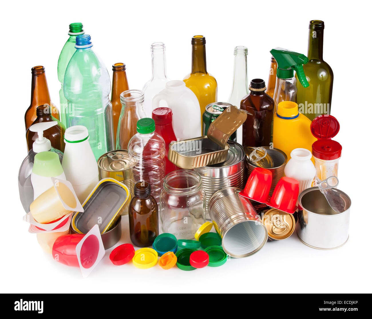 Desechos reutilizables. Segregados de metal, plástico y vidrio Foto de stock