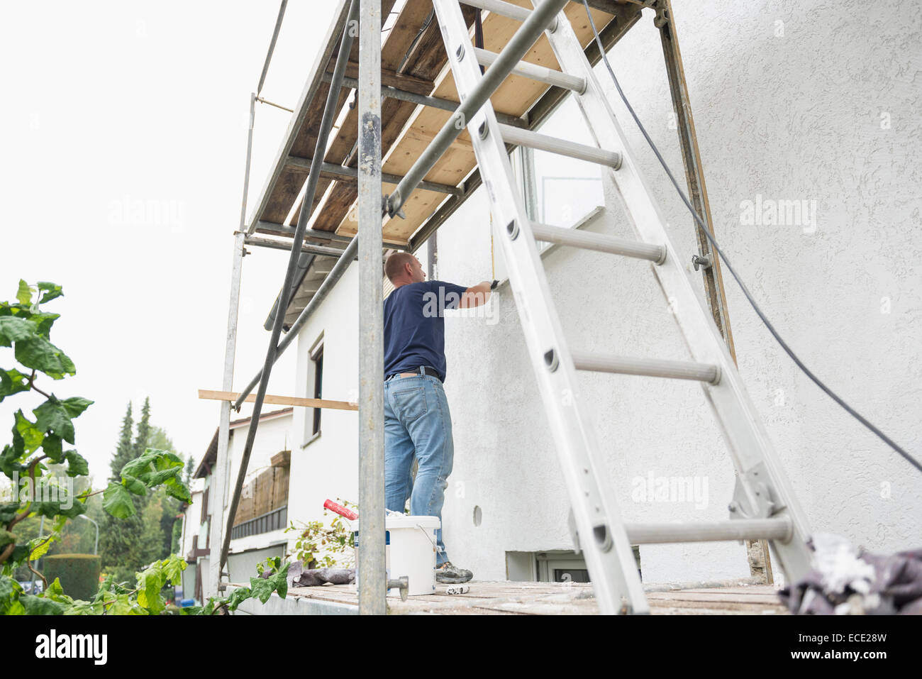 El Hombre De La Casa De Pintura De Andamios De Trabajo Escalera   El Hombre De La Casa De Pintura De Andamios De Trabajo Escalera Ece28w 