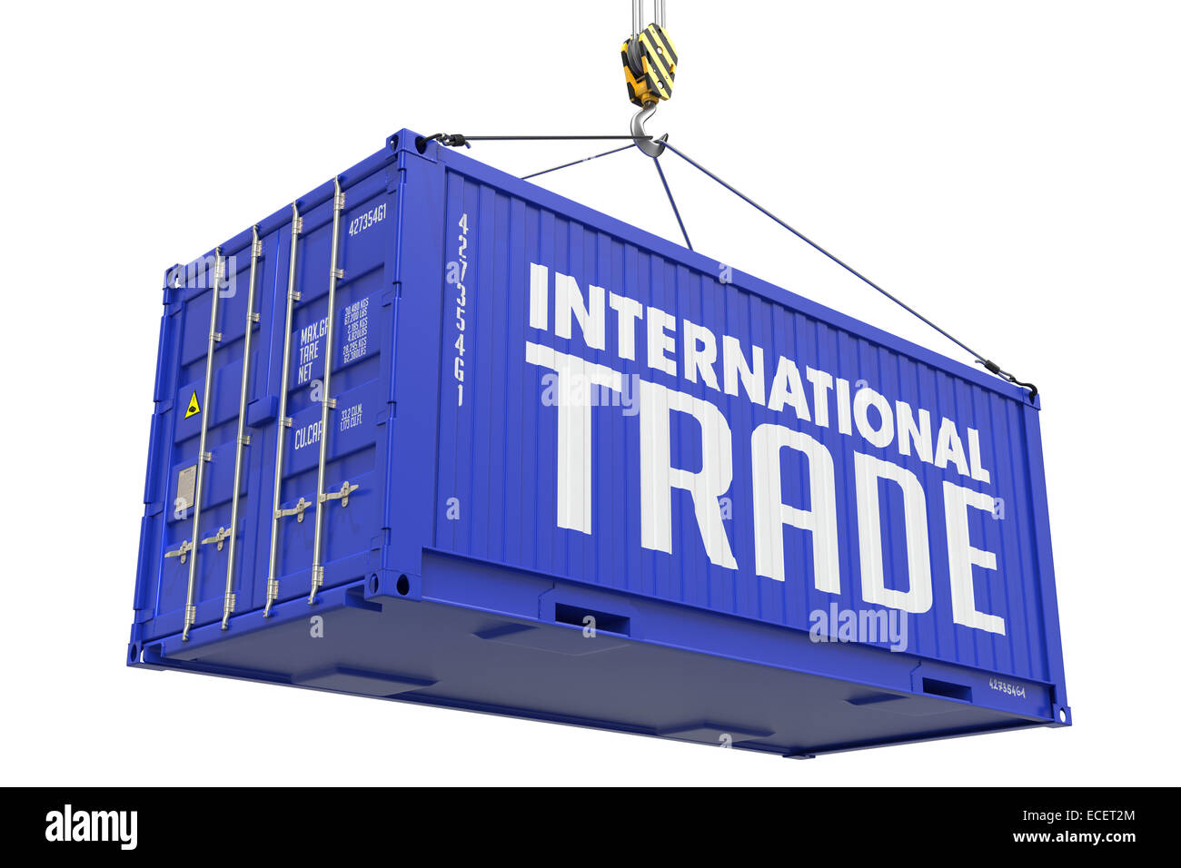 Comercio internacional - Azul colgando contenedor de carga. Foto de stock