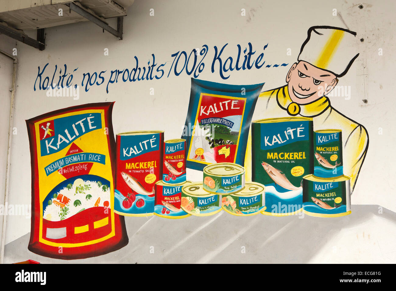 Mauricio, Mahebourg, del centro de la ciudad, pintados a mano de publicidad para productos alimenticios Kalite Foto de stock