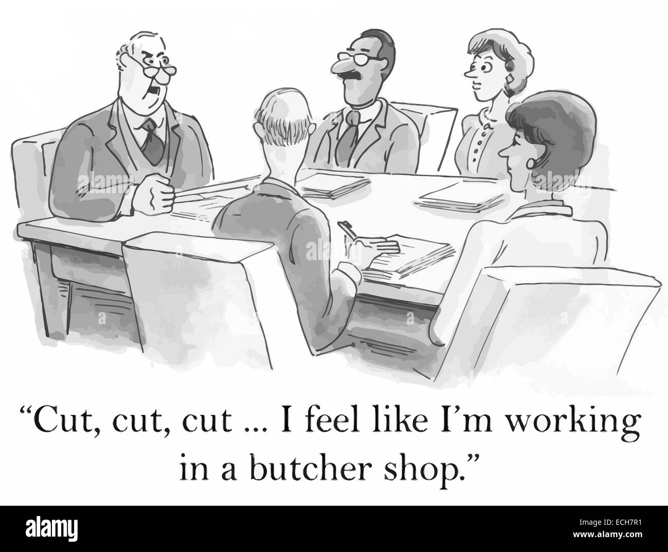 "Cortar, cortar, cortar... Siento que estoy trabajando en una carnicería". Ilustración del Vector