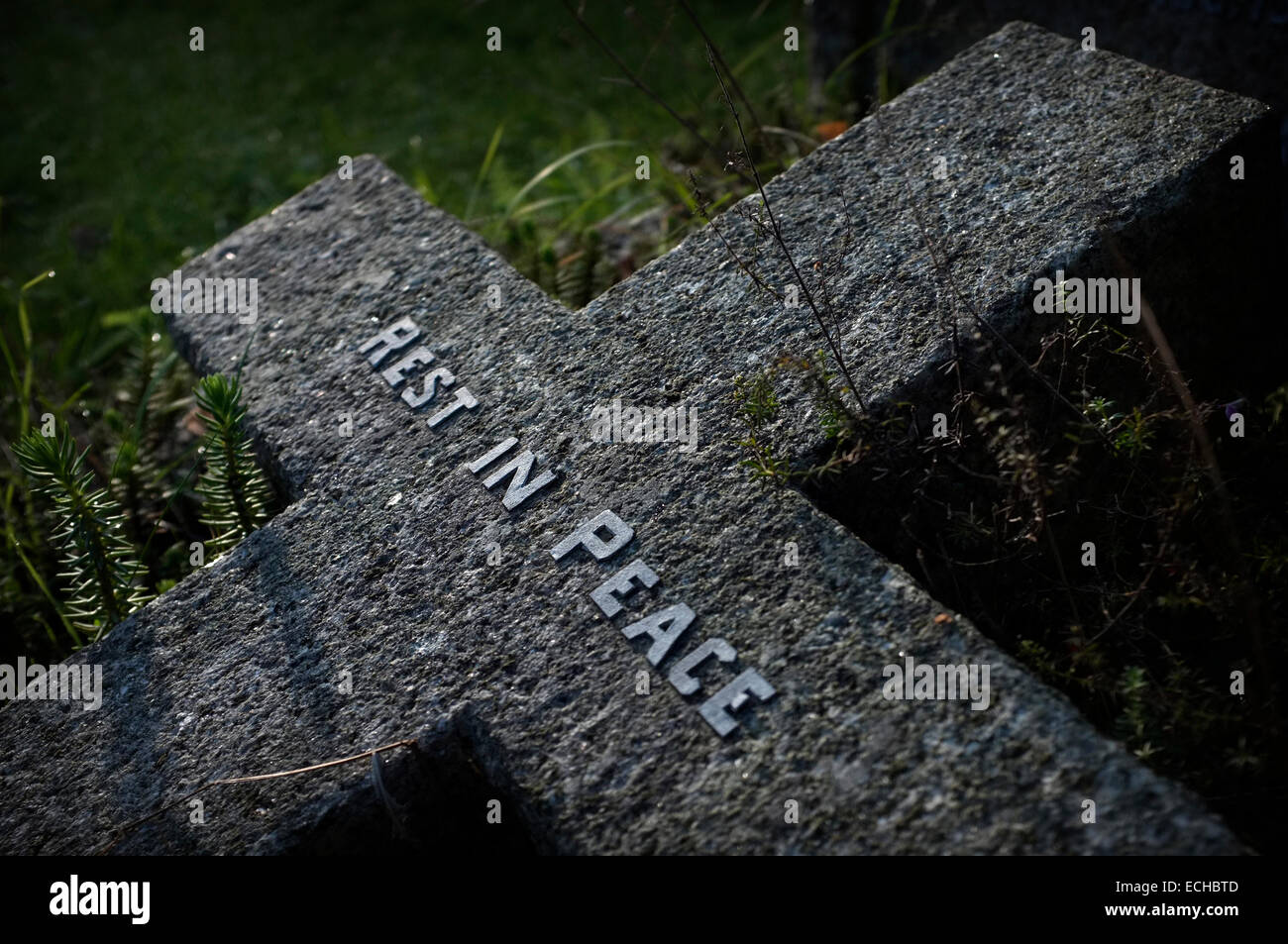 Una cruz de piedra de la cabeza recostada en un cementerio, lado iluminado con la luz del sol resalta las palabras que descanse en paz. Foto de stock