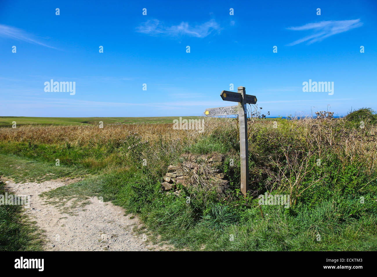 Un cartel diciendo sendero para Polly broma playa cerca a Crantock West Pentire Cornwall Suroeste de Inglaterra Foto de stock