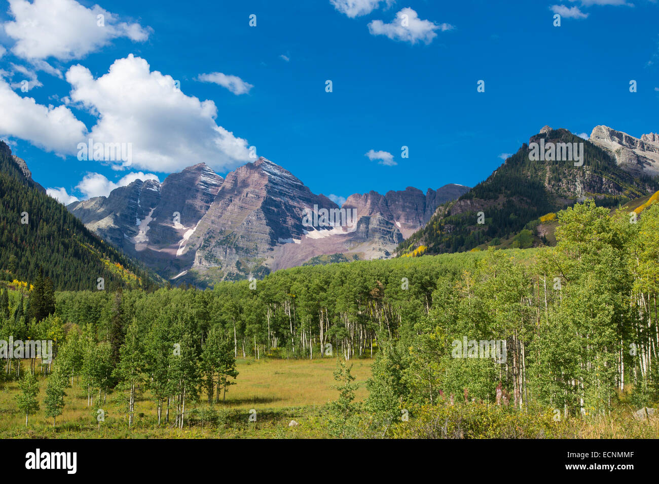 Maroon Bells montañas en las Montañas Rocosas, cerca de Aspen, Colorado Foto de stock