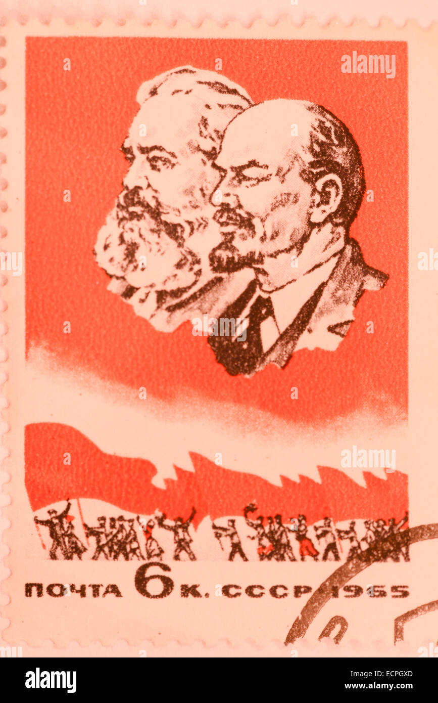 Sello de la antigua Rusia con Lenin y Marx Foto de stock