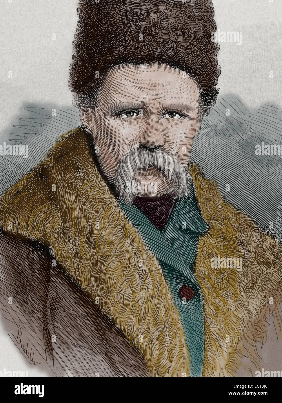 Taras Shevchenko (1814-1861). Poeta ucraniano. Grabado de la Ilustracion española y americana, 1877. Coloreada. Foto de stock