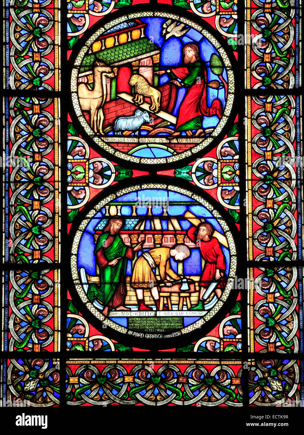 Vidriera, el Arca de Noé, construyendo el ARCA, los animales van de dos en dos, por Alfred Gerente de París de 1849, la catedral de Ely Foto de stock