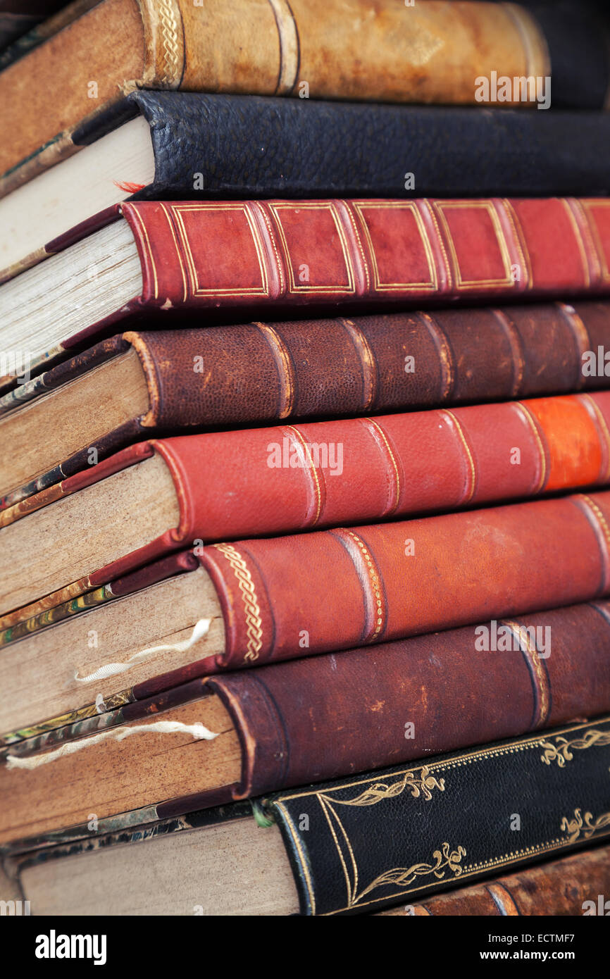Grande pila de libros antiguos con coloridas fundas de cuero Foto de stock