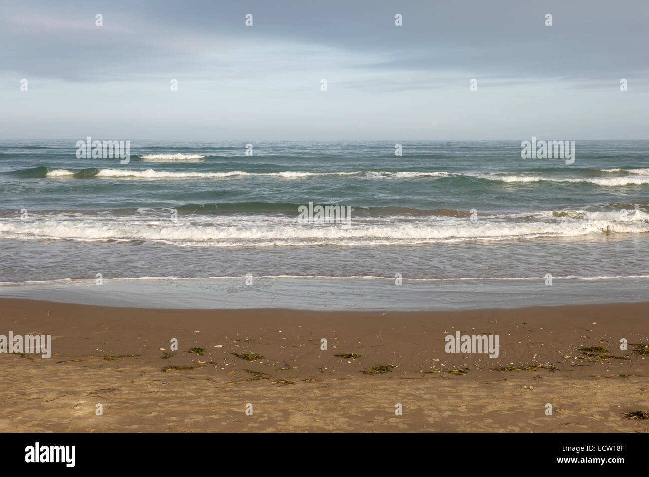 Olas de tres pies de rollo en la playa del golfo de México en South Padre Island, Texas, EE.UU. Foto de stock