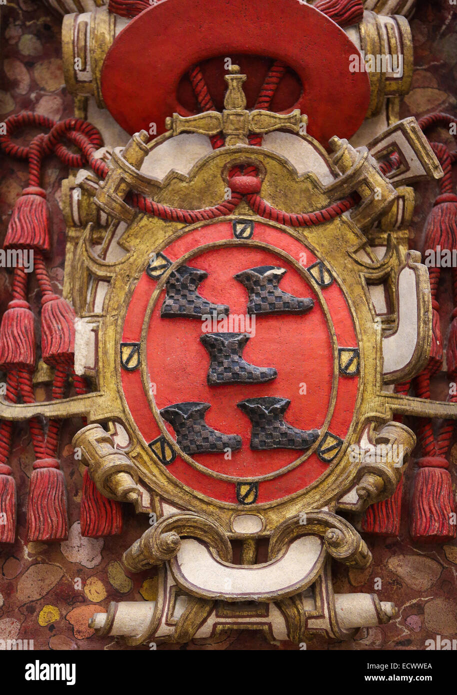 Escudo de armas histórico de la Catedral de Burgos, Castilla, España. Foto de stock