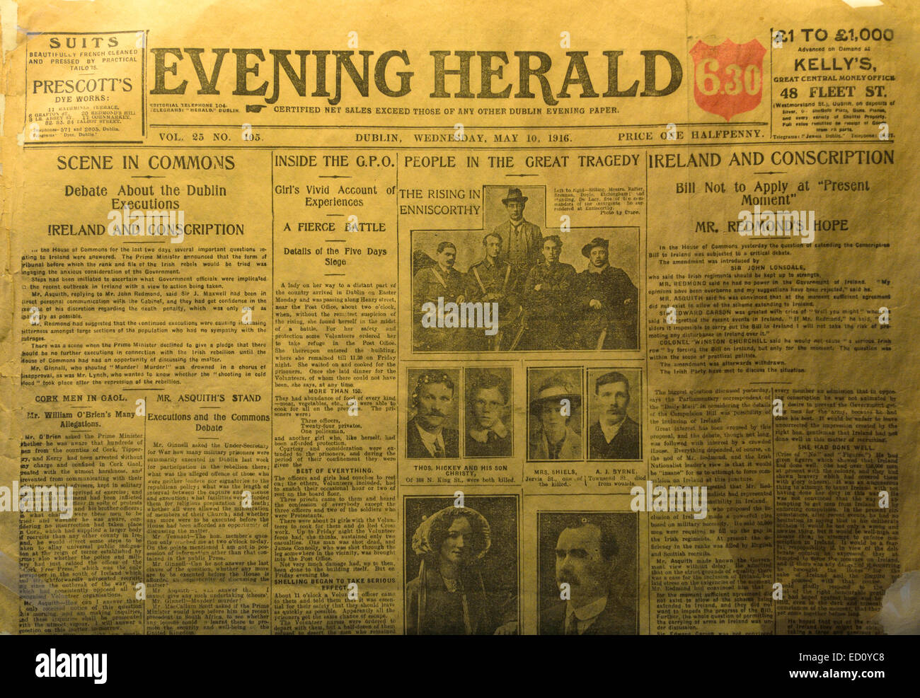 Front page periódico Evening Herald el Sinn Fein rebelión Irlanda 1916 lucha por la libertad de la guerra de liberación de liberar Irlanda RM Foto de stock