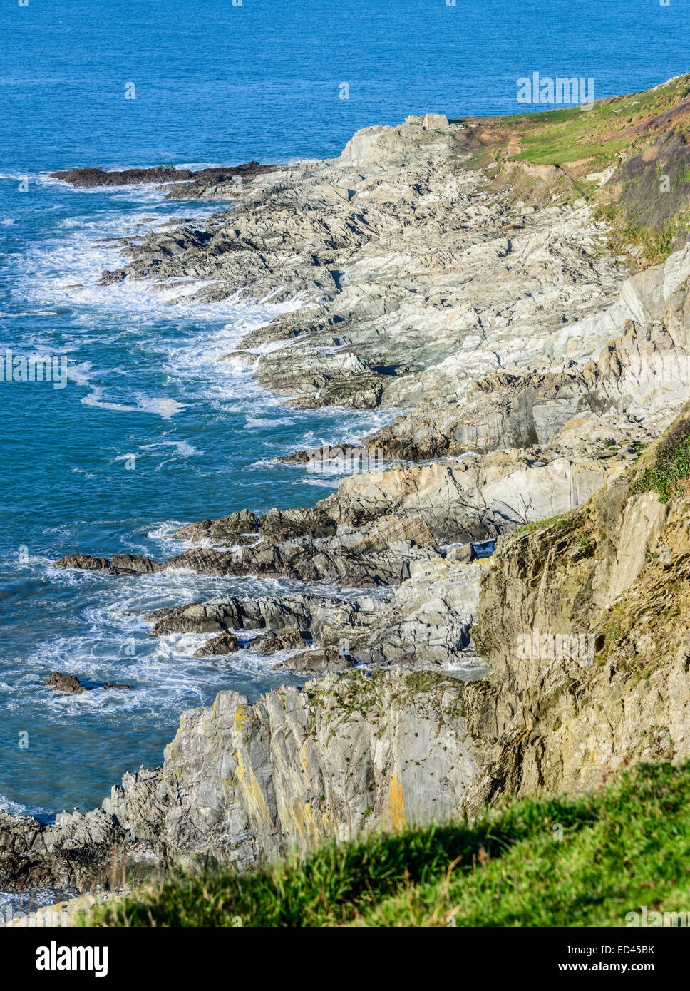 Costa rocosa al oeste de Rame Head en el sureste de Cornwall, Inglaterra Foto de stock