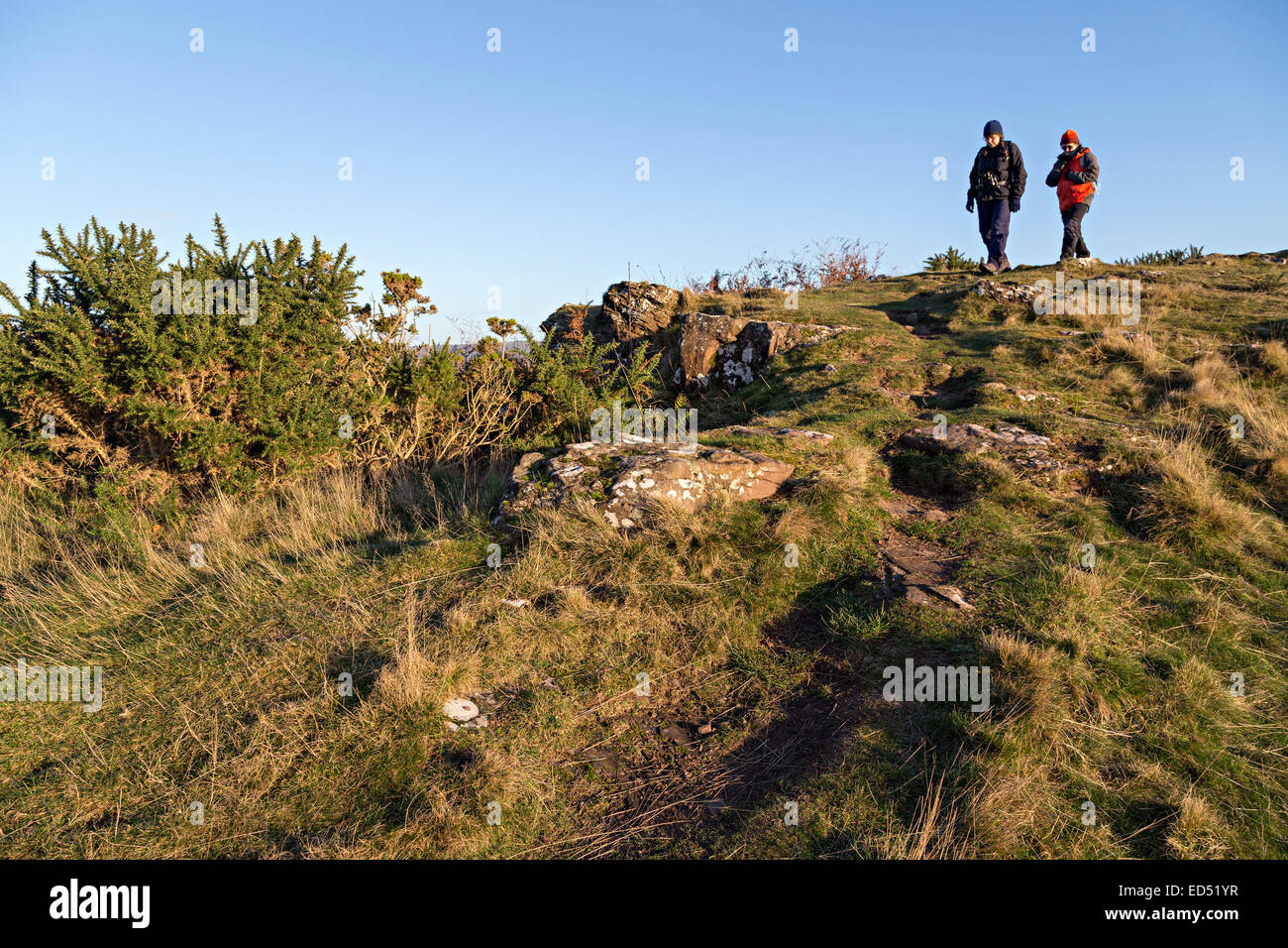 Dos personas caminando sobre los castros prehistóricos en Alt yr Esgair, Talybont, Gales del Sur Foto de stock