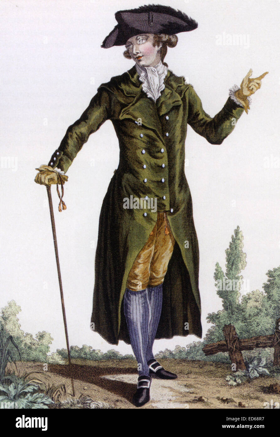 Placa de la moda francesa de 1780 muestra un hombre vestido con una capa de  'Paris' Verde hecha de un compuesto sumamente tóxico Fotografía de stock -  Alamy