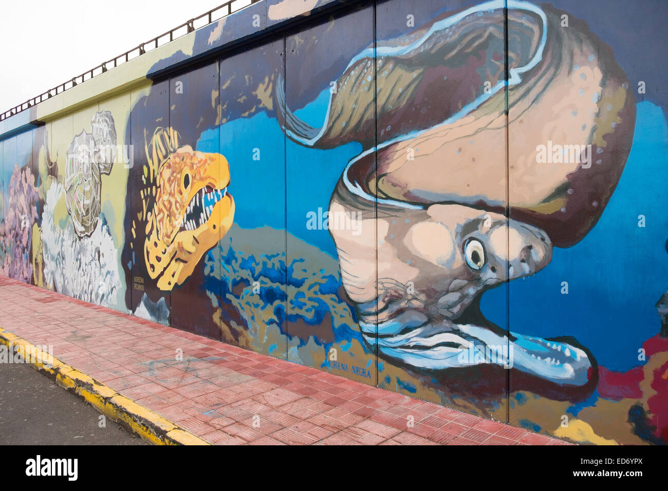 Harbour pared con pinturas de animales marinos, Los Cristianos, Tenerife, Islas Canarias, España Foto de stock