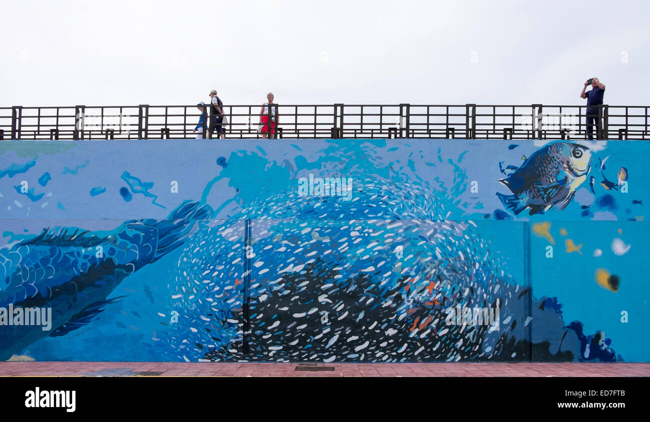 Harbour pared con pinturas de animales marinos, Los Cristianos, Tenerife, Islas Canarias, España Foto de stock